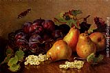 Table Canvas Paintings - Still Life With Pears, Plums In A Glass BowlAnd White Currants On A Table